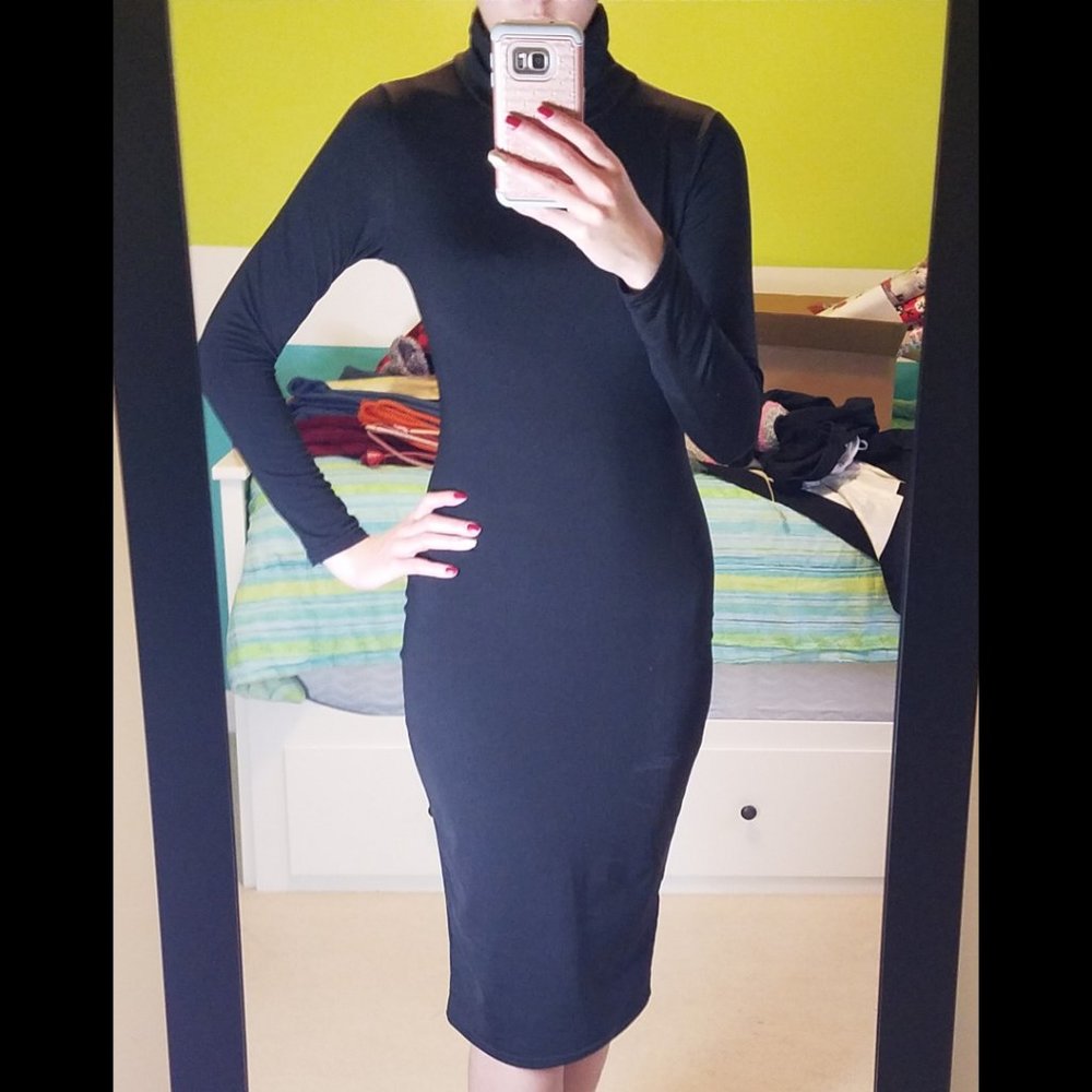 Black knit mock neck turtleneck bodycon dress
